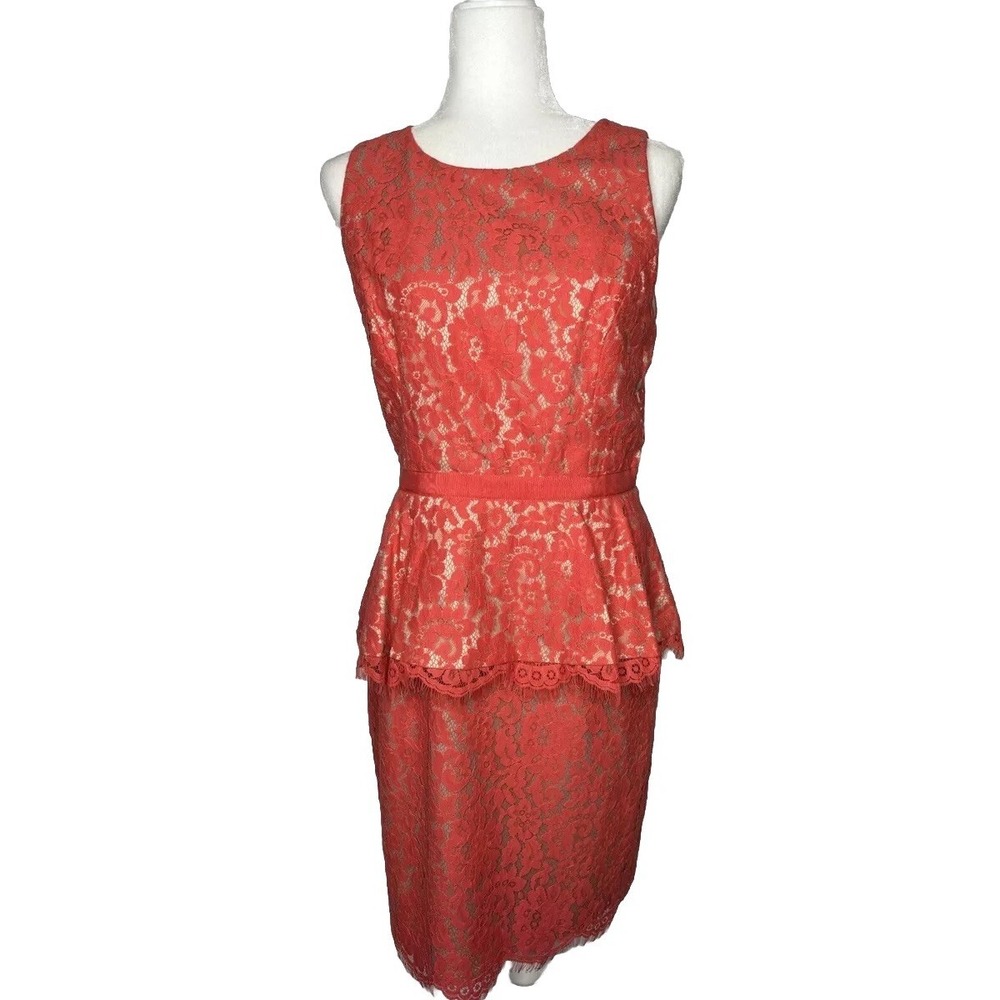 Eliza J Dress Lace Peplum Lace Sheath Coral Womens 10 Orange Pink Knee Length